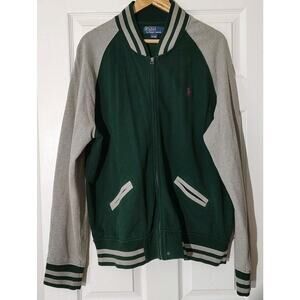 Men's Polo Ralph Lauren Jacket Green Gray Bomber Varsity Raglan Zip Pony Logo XL